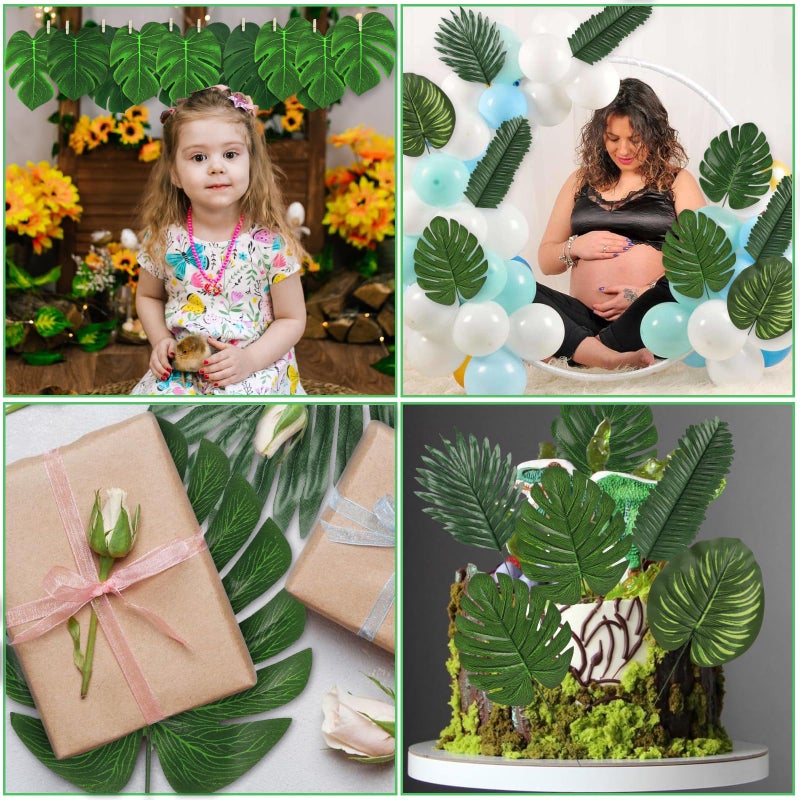 LOMIRO 60 Pieces 4 Kinds Artificial Palm Leaves with Faux Stems Tropical Plant Leaves Monstera Leaves Safari Leaves for Hawaiian Luau Party Jungle Beach Table Leave Decorations - Image 3